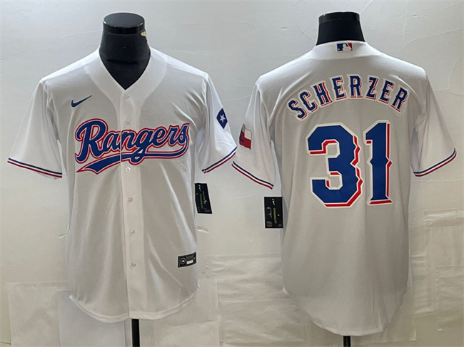 Men's Texas Rangers #31 Max Scherzer White With Patch Cool Base Stitched Baseball Jersey Men's Texas Rangers #31 Max Scherzer White With Patch Cool Base Stitched Baseball Jersey
