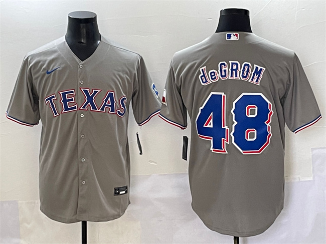 Men's Texas Rangers #48 Jacob DeGrom Grey With Patch Cool Base Stitched Baseball Jersey Men's Texas Rangers #48 Jacob DeGrom Grey With Patch Cool Base Stitched Baseball Jersey