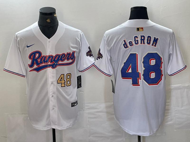 Men's Texas Rangers #48 Jacob DeGrom White Gold Cool Base Stitched Baseball Jersey 2 Men's Texas Rangers #48 Jacob DeGrom White Gold Cool Base Stitched Baseball Jersey 2