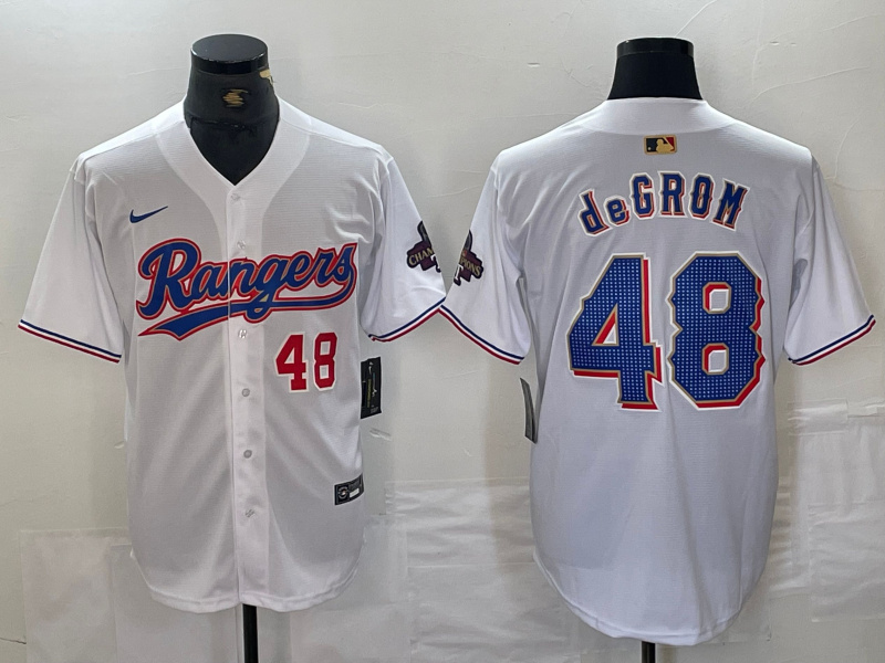 Men's Texas Rangers #48 Jacob DeGrom White Gold Cool Base Stitched Baseball Jersey 3 Men's Texas Rangers #48 Jacob DeGrom White Gold Cool Base Stitched Baseball Jersey 3