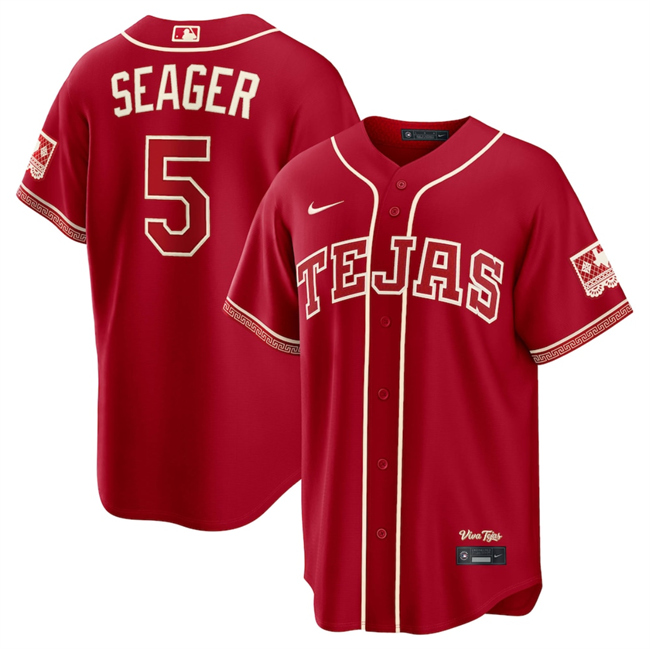 Men's Texas Rangers #5 Corey Seager Red 2026 City Connect Stadium Stitched Baseball Jersey Men's Texas Rangers #5 Corey Seager Red 2026 City Connect Stadium Stitched Baseball Jersey