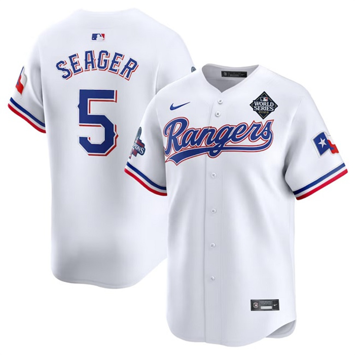 Men's Texas Rangers #5 Corey Seager White 2023 World Series Patch And Champions Patch Stitched Baseball Jersey Men's Texas Rangers #5 Corey Seager White 2023 World Series Patch And Champions Patch Stitched Baseball Jersey