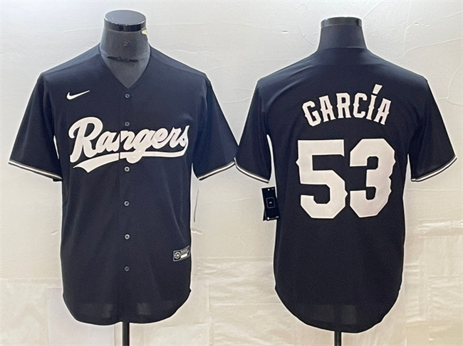 Men's Texas Rangers #53 Adolis García Black Cool Base Stitched Baseball Jersey Men's Texas Rangers #53 Adolis García Black Cool Base Stitched Baseball Jersey