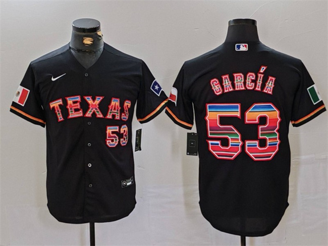 Men's Texas Rangers #53 Adolis García Black Mexico Cool Base Stitched Baseball Jersey Men's Texas Rangers #53 Adolis García Black Mexico Cool Base Stitched Baseball Jersey