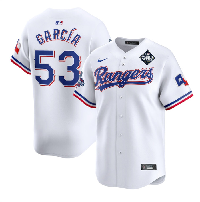 Men's Texas Rangers #53 Adolis García White 2023 World Series Patch And Champions Patch Stitched Baseball Jersey Men's Texas Rangers #53 Adolis García White 2023 World Series Patch And Champions Patch Stitched Baseball Jersey