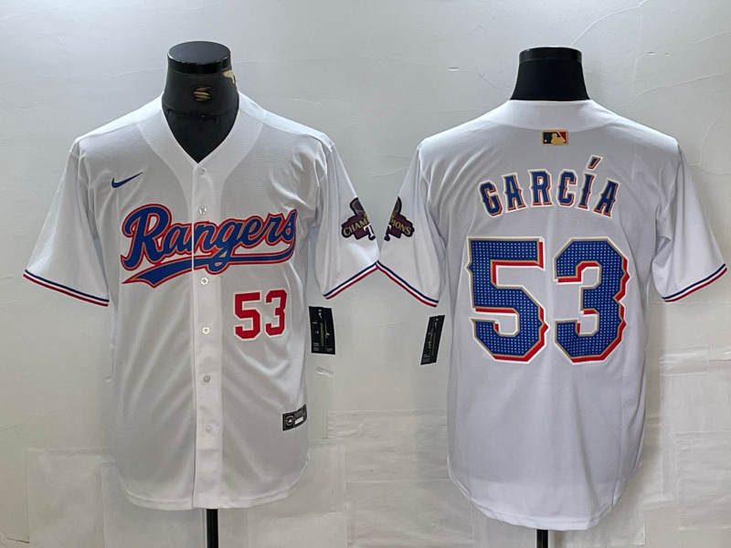 Men's Texas Rangers #53 Adolis García White Gold Cool Base Stitched Baseball Jersey 2 Men's Texas Rangers #53 Adolis García White Gold Cool Base Stitched Baseball Jersey 2