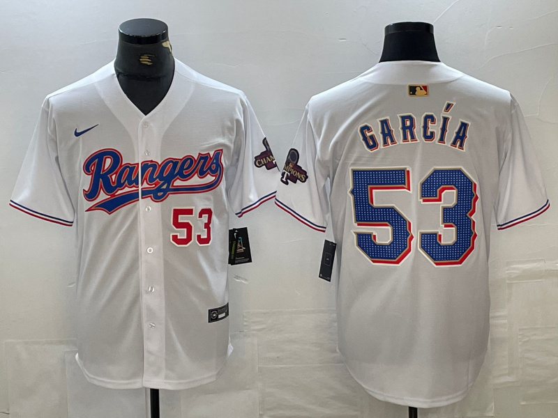 Men's Texas Rangers #53 Adolis García White Gold Cool Base Stitched Baseball Jersey Men's Texas Rangers #53 Adolis García White Gold Cool Base Stitched Baseball Jersey