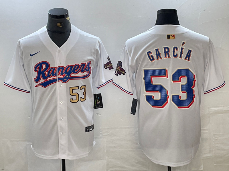 Men's Texas Rangers #53 Adolis García White Gold Cool Base Stitched Baseball Jersey 7 Men's Texas Rangers #53 Adolis García White Gold Cool Base Stitched Baseball Jersey 7