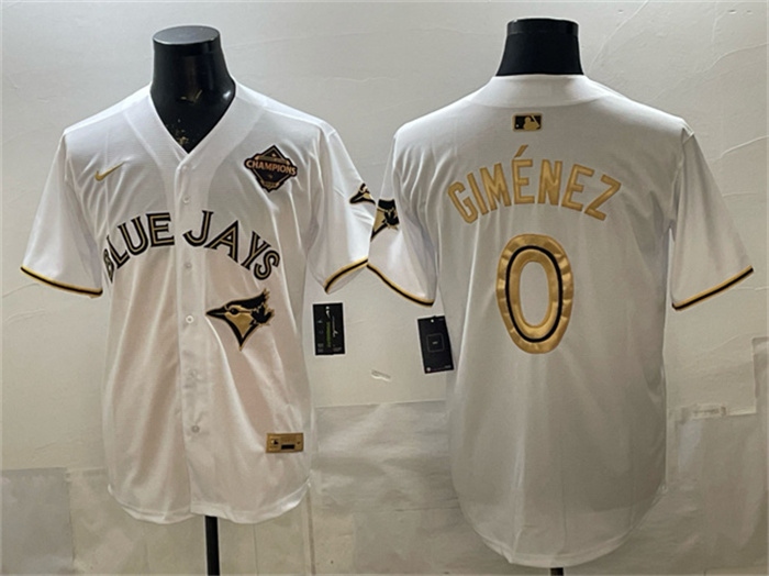 Men's Toronto Blue Jays #0 Andrés Giménez White Gold 2025 American League Champions Limited Stitched Baseball Jersey Men's Toronto Blue Jays #0 Andrés Giménez White Gold 2025 American League Champions Limited Stitched Baseball Jersey