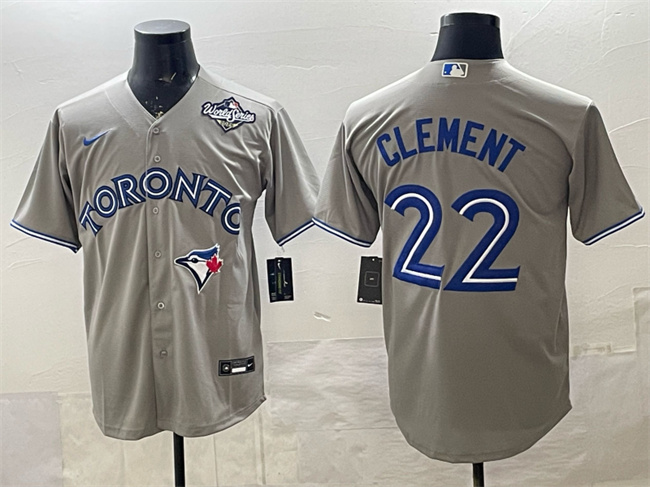 Men's Toronto Blue Jays #22 Ernie Clement Grey 2025 World Series Cool Base Stitched Baseball Jersey Men's Toronto Blue Jays #22 Ernie Clement Grey 2025 World Series Cool Base Stitched Baseball Jersey