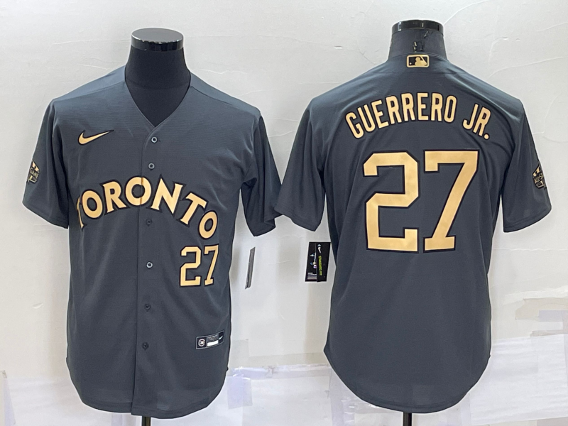 Men's Toronto Blue Jays #27 Vladimir Guerrero Jr. 2022 All-Star Charcoal Cool Base Stitched Baseball Jersey Men's Toronto Blue Jays #27 Vladimir Guerrero Jr. 2022 All-Star Charcoal Cool Base Stitched Baseball Jersey