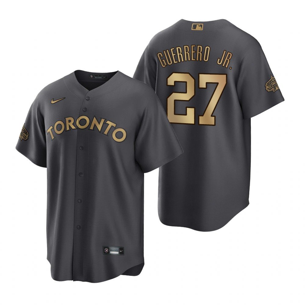 Men's Toronto Blue Jays #27 Vladimir Guerrero Jr. 2022 All-Star Charcoal Cool Base Stitched Baseball Jersey Men's Toronto Blue Jays #27 Vladimir Guerrero Jr. 2022 All-Star Charcoal Cool Base Stitched Baseball Jersey