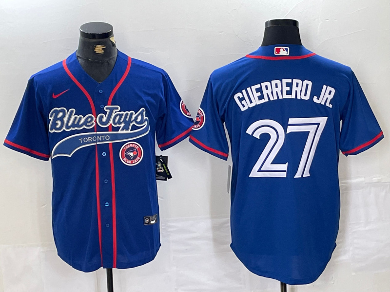 Men's Toronto Blue Jays #27 Vladimir Guerrero Jr. Royal Cool Base Stitched Baseball Jersey 2 Men's Toronto Blue Jays #27 Vladimir Guerrero Jr. Royal Cool Base Stitched Baseball Jersey 2