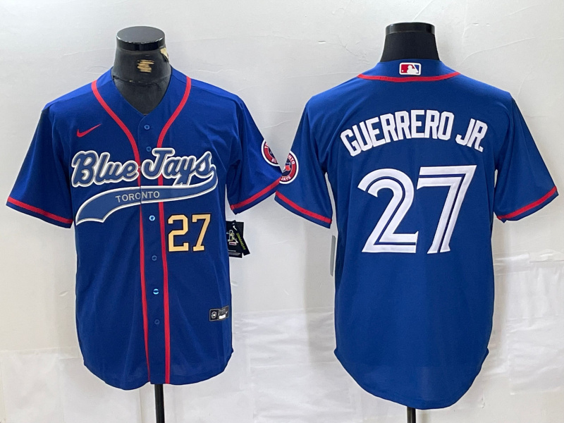Men's Toronto Blue Jays #27 Vladimir Guerrero Jr. Royal Cool Base Stitched Baseball Jersey 3 Men's Toronto Blue Jays #27 Vladimir Guerrero Jr. Royal Cool Base Stitched Baseball Jersey 3