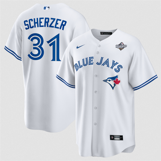 Men's Toronto Blue Jays #31 Max Scherzer White 2025 World Series Home Cool Base Stitched Baseball Jersey Men's Toronto Blue Jays #31 Max Scherzer White 2025 World Series Home Cool Base Stitched Baseball Jersey