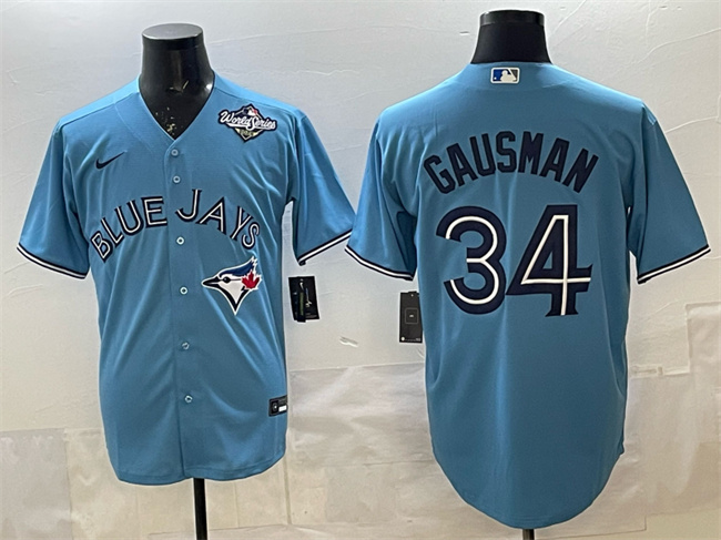 Men's Toronto Blue Jays #34 Kevin Gausman Blue 2025 World Series Cool Base Stitched Baseball Jersey Men's Toronto Blue Jays #34 Kevin Gausman Blue 2025 World Series Cool Base Stitched Baseball Jersey