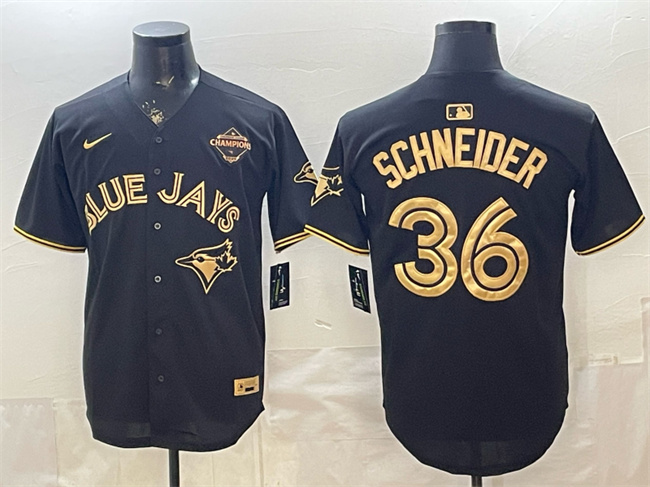 Men's Toronto Blue Jays #36 Davis Schneider Black Gold 2025 American League Champions Limited Stitched Baseball Jersey Men's Toronto Blue Jays #36 Davis Schneider Black Gold 2025 American League Champions Limited Stitched Baseball Jersey