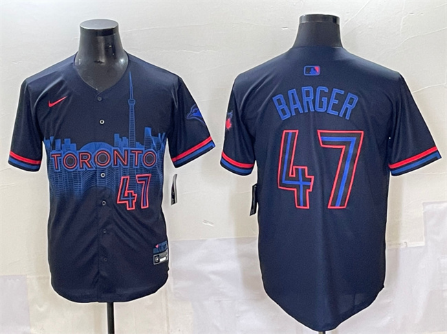 Men's Toronto Blue Jays #47 Addison Barger Navy 2024 City Connect Limited Stitched Baseball Jersey Men's Toronto Blue Jays #47 Addison Barger Navy 2024 City Connect Limited Stitched Baseball Jersey