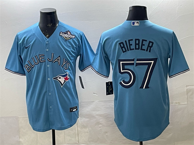 Men's Toronto Blue Jays #57 Shane Bieber Blue 2025 World Series Cool Base Stitched Baseball Jersey Men's Toronto Blue Jays #57 Shane Bieber Blue 2025 World Series Cool Base Stitched Baseball Jersey