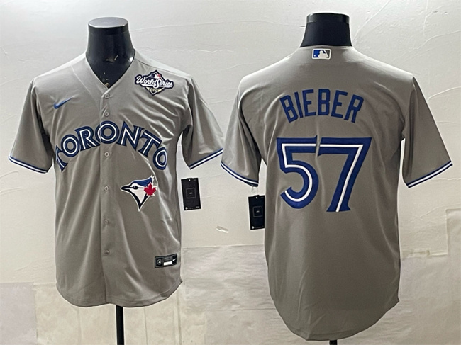 Men's Toronto Blue Jays #57 Shane Bieber Grey 2025 World Series Cool Base Stitched Baseball Jersey Men's Toronto Blue Jays #57 Shane Bieber Grey 2025 World Series Cool Base Stitched Baseball Jersey