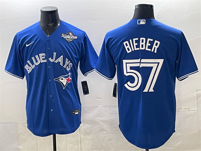 Men's Toronto Blue Jays #57 Shane Bieber Royal 2025 World Series Cool Base Stitched Baseball Jersey Men's Toronto Blue Jays #57 Shane Bieber Royal 2025 World Series Cool Base Stitched Baseball Jersey