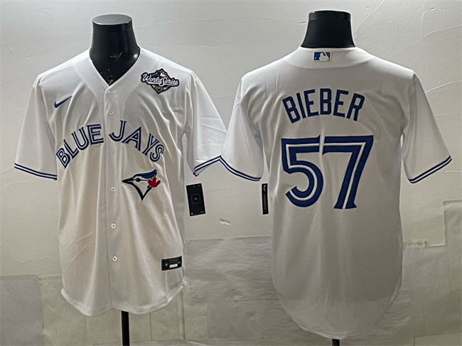 Men's Toronto Blue Jays #57 Shane Bieber White 2025 World Series Home Cool Base Stitched Baseball Jersey Men's Toronto Blue Jays #57 Shane Bieber White 2025 World Series Home Cool Base Stitched Baseball Jersey