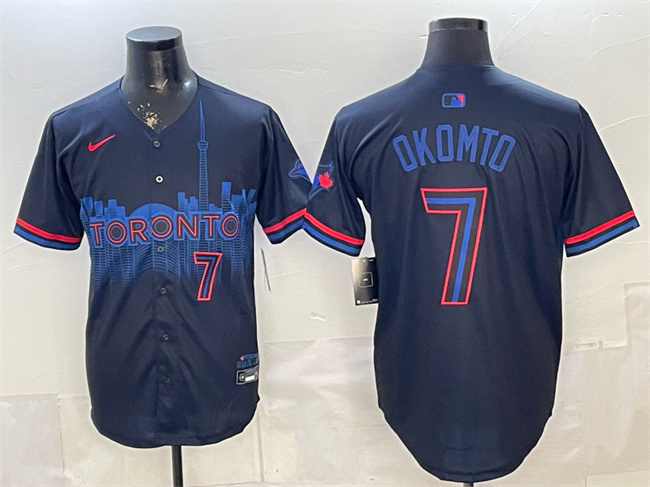 Men's Toronto Blue Jays #7 Kazuma Okamoto Navy 2024 City Connect Limited Stitched Baseball Jersey Men's Toronto Blue Jays #7 Kazuma Okamoto Navy 2024 City Connect Limited Stitched Baseball Jersey