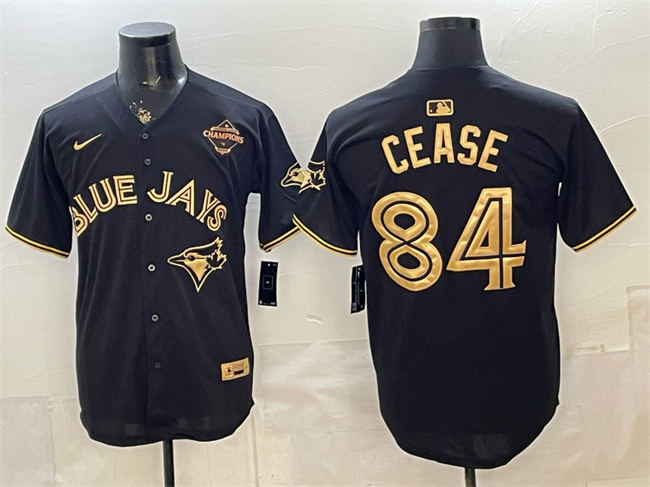 Men's Toronto Blue Jays #84 Dylan Cease Black Gold 2025 American League Champions Limited Stitched Baseball Jersey Men's Toronto Blue Jays #84 Dylan Cease Black Gold 2025 American League Champions Limited Stitched Baseball Jersey