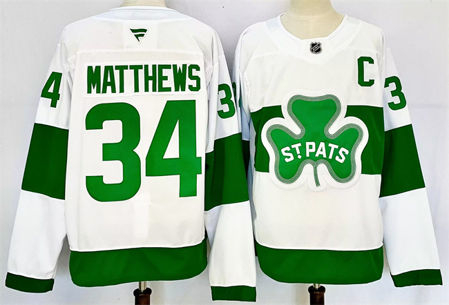 Men's Toronto Maple Leafs #34 Auston Matthews White Green 2024-25 With C Patch Stitched Jersey Men's Toronto Maple Leafs #34 Auston Matthews White Green 2024-25 With C Patch Stitched Jersey