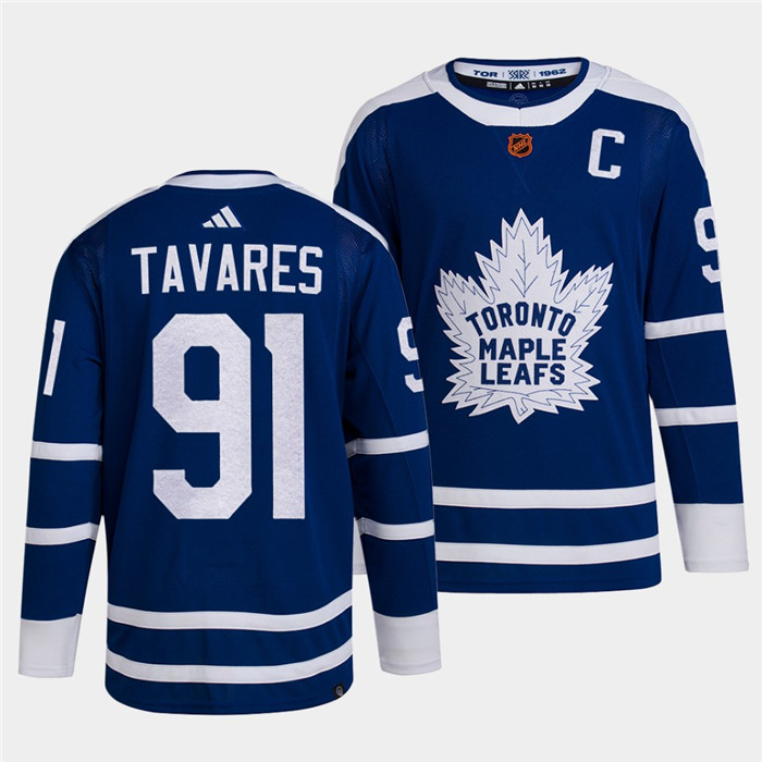 Men's Toronto Maple Leafs Black #91 John Tavares Blue 2022 Reverse Retro Stitched Jersey Men's Toronto Maple Leafs Black #91 John Tavares Blue 2022 Reverse Retro Stitched Jersey