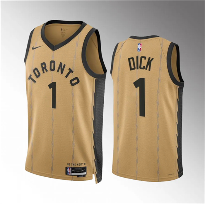Men's Toronto Raptors #1 Gradey Dick Gold 2023 24 City Edition Stitched Basketball Jersey Men's Toronto Raptors #1 Gradey Dick Gold 2023 24 City Edition Stitched Basketball Jersey