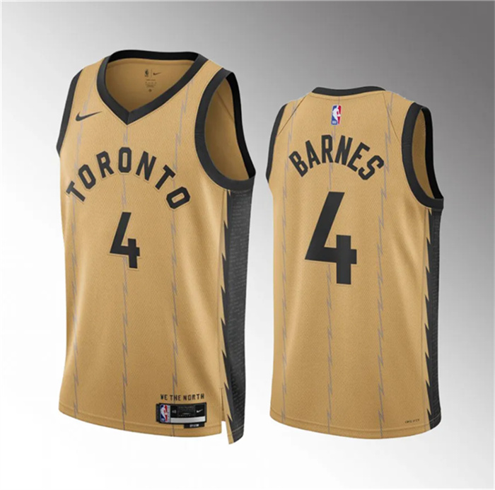 Men's Toronto Raptors #4 Scottie Barnes Gold 2023 24 City Edition Stitched Basketball Jersey Men's Toronto Raptors #4 Scottie Barnes Gold 2023 24 City Edition Stitched Basketball Jersey