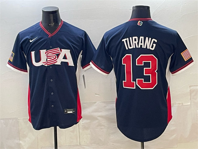 Men's USA Baseball #13 Brice Turang Navy 2026 World Baseball Classic Road Stadium Stitched Jersey Men's USA Baseball #13 Brice Turang Navy 2026 World Baseball Classic Road Stadium Stitched Jersey