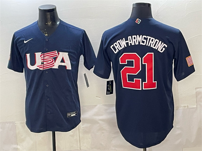 Men's USA Baseball #21 Pete Crow-Armstrong Navy World Baseball Classic Stitched Jersey Men's USA Baseball #21 Pete Crow-Armstrong Navy World Baseball Classic Stitched Jersey