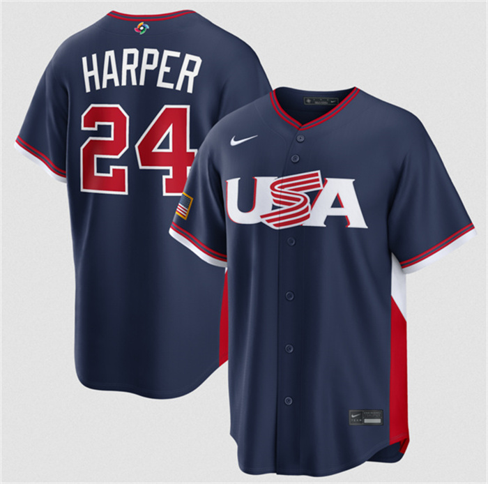 Men's USA Baseball #24 Bryce Harper Navy 2026 World Baseball Classic Road Stadium Stitched Jersey Men's USA Baseball #24 Bryce Harper Navy 2026 World Baseball Classic Road Stadium Stitched Jersey