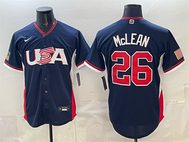 Men's USA Baseball #26 Nolan McLean Navy 2026 World Baseball Classic Road Stadium Stitched Jersey Men's USA Baseball #26 Nolan McLean Navy 2026 World Baseball Classic Road Stadium Stitched Jersey