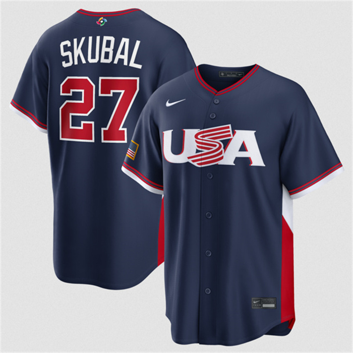 Men's USA Baseball #27 Tarik Skubal Navy 2026 World Baseball Classic Road Stadium Stitched Jersey Men's USA Baseball #27 Tarik Skubal Navy 2026 World Baseball Classic Road Stadium Stitched Jersey
