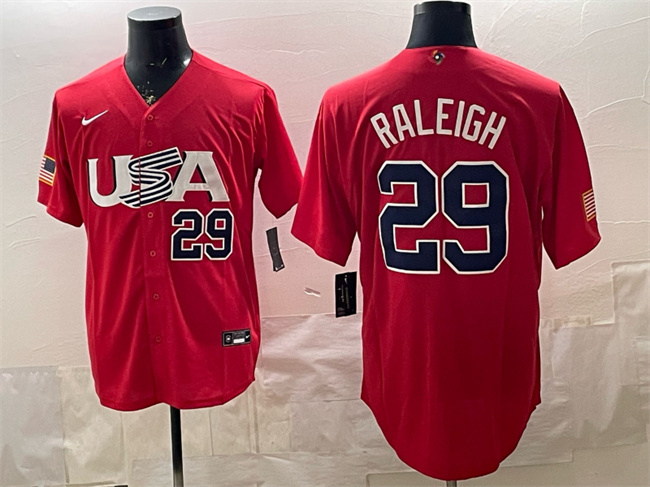 Men's USA Baseball #29 Cal Raleigh 2023 Red World Baseball Classic Stitched Jersey Men's USA Baseball #29 Cal Raleigh 2023 Red World Baseball Classic Stitched Jersey