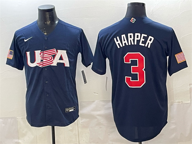 Men's USA Baseball #3 Bryce Harper Navy World Baseball Classic Stitched Jersey Men's USA Baseball #3 Bryce Harper Navy World Baseball Classic Stitched Jersey