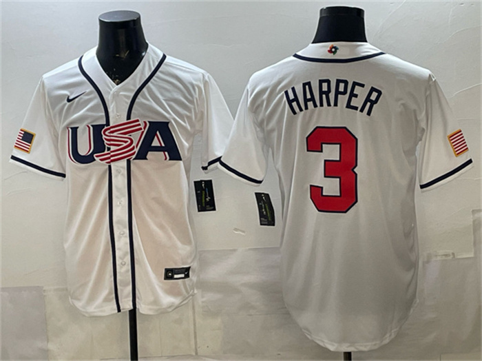 Men's USA Baseball #3 Bryce Harper White 2026 World Baseball Classic Home Stadium Stitched Jersey Men's USA Baseball #3 Bryce Harper White 2026 World Baseball Classic Home Stadium Stitched Jersey
