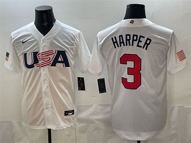 Men's USA Baseball #3 Bryce Harper White World Baseball Classic Stitched Jersey Men's USA Baseball #3 Bryce Harper White World Baseball Classic Stitched Jersey