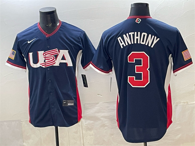 Men's USA Baseball #3 Roman Anthony Navy 2026 World Baseball Classic Road Stadium Stitched Jersey Men's USA Baseball #3 Roman Anthony Navy 2026 World Baseball Classic Road Stadium Stitched Jersey