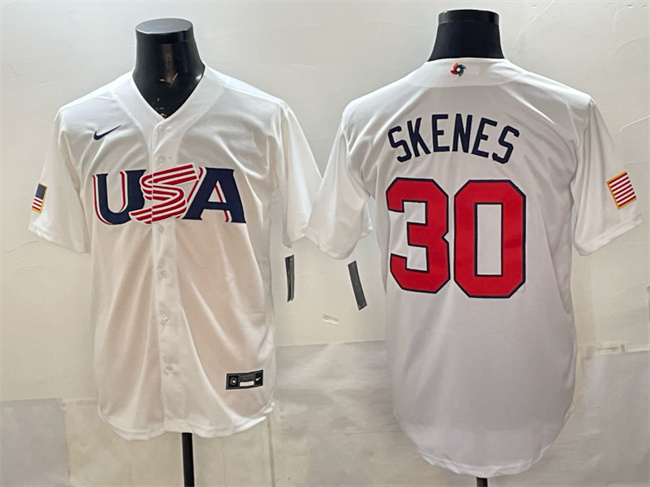 Men's USA Baseball #30 Paul Skenes White World Baseball Classic Stitched Jersey Men's USA Baseball #30 Paul Skenes White World Baseball Classic Stitched Jersey