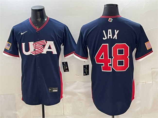 Men's USA Baseball #48 Griffin Jax Navy 2026 World Baseball Classic Road Stadium Stitched Jersey Men's USA Baseball #48 Griffin Jax Navy 2026 World Baseball Classic Road Stadium Stitched Jersey