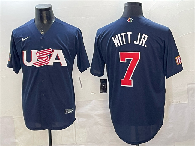 Men's USA Baseball #7 Bobby Witt Jr. Navy World Baseball Classic Stitched Jersey Men's USA Baseball #7 Bobby Witt Jr. Navy World Baseball Classic Stitched Jersey