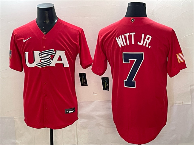 Men's USA Baseball #7 Bobby Witt Jr. Red World Baseball Classic Stitched Jersey Men's USA Baseball #7 Bobby Witt Jr. Red World Baseball Classic Stitched Jersey