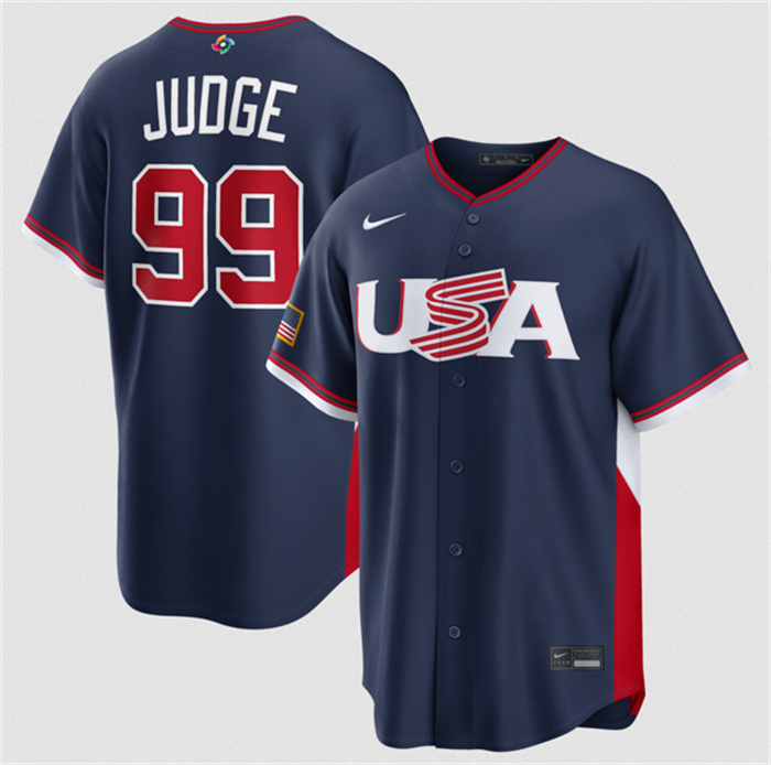 Men's USA Baseball #99 Aaron Judge Navy 2026 World Baseball Classic Road Stadium Stitched Jersey Men's USA Baseball #99 Aaron Judge Navy 2026 World Baseball Classic Road Stadium Stitched Jersey