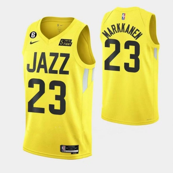 Men's Utah Jazz #23 Lauri Elias Markkanen With No.6 Patch Yellow 2022 23 Association Edition Stitched Basketball Jersey Men's Utah Jazz #23 Lauri Elias Markkanen With No.6 Patch Yellow 2022 23 Association Edition Stitched Basketball Jersey