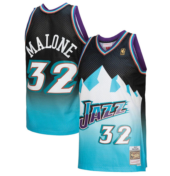 Men's Utah Jazz #32 Karl Malone 1996-97 Black Light Blue Throwback Stitched Jersey Men's Utah Jazz #32 Karl Malone 1996-97 Black Light Blue Throwback Stitched Jersey