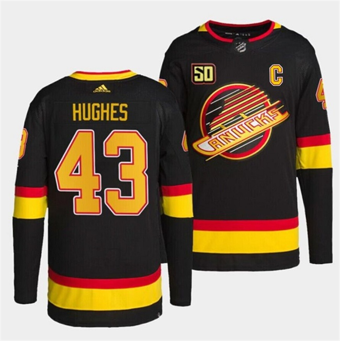 Men's Vancouver Canucks #43 Quinn Hughes Black Retro With 50th Anniversary Patch Stitched Jersey Men's Vancouver Canucks #43 Quinn Hughes Black Retro With 50th Anniversary Patch Stitched Jersey